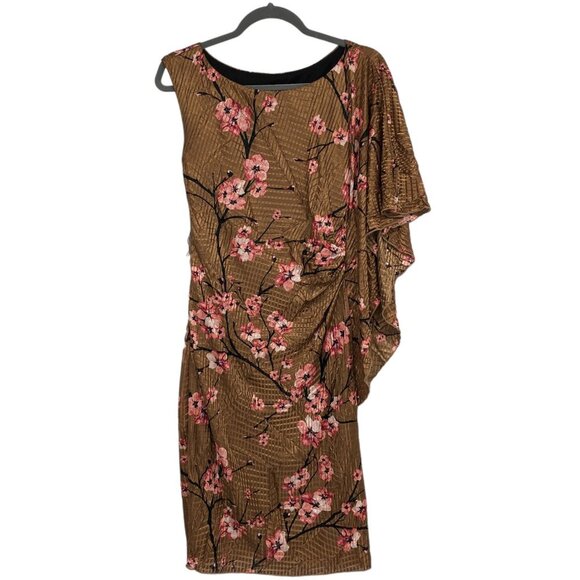 Le Chateau Bronze Floral Cherry Blossom Asymmetrical Draped Midi Dress size S - Picture 1 of 15